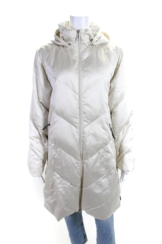 Moncler Womens Stripe Zipped Long Sleeve Hooded Quilted Puffer Coat White