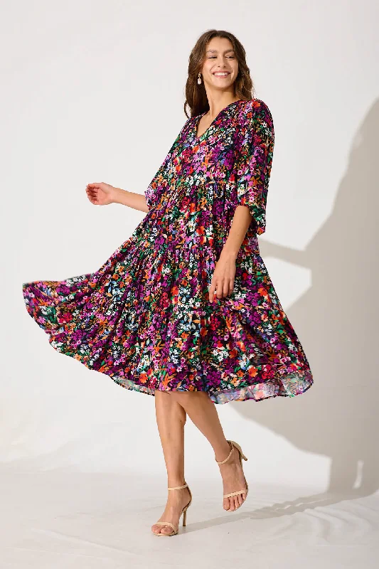 Kehlana Tiered Smock Dress In Black Multi Floral