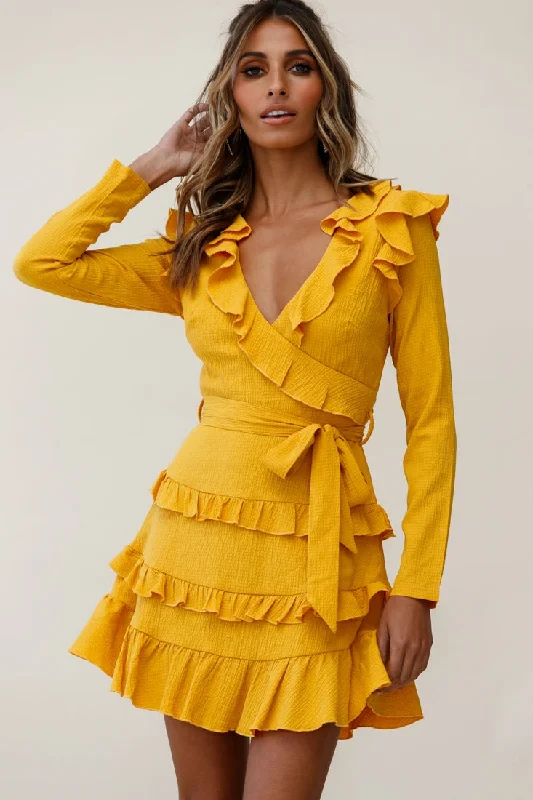 Jemirah Ruffle-Trimmed Long Sleeve Frill Dress Mustard